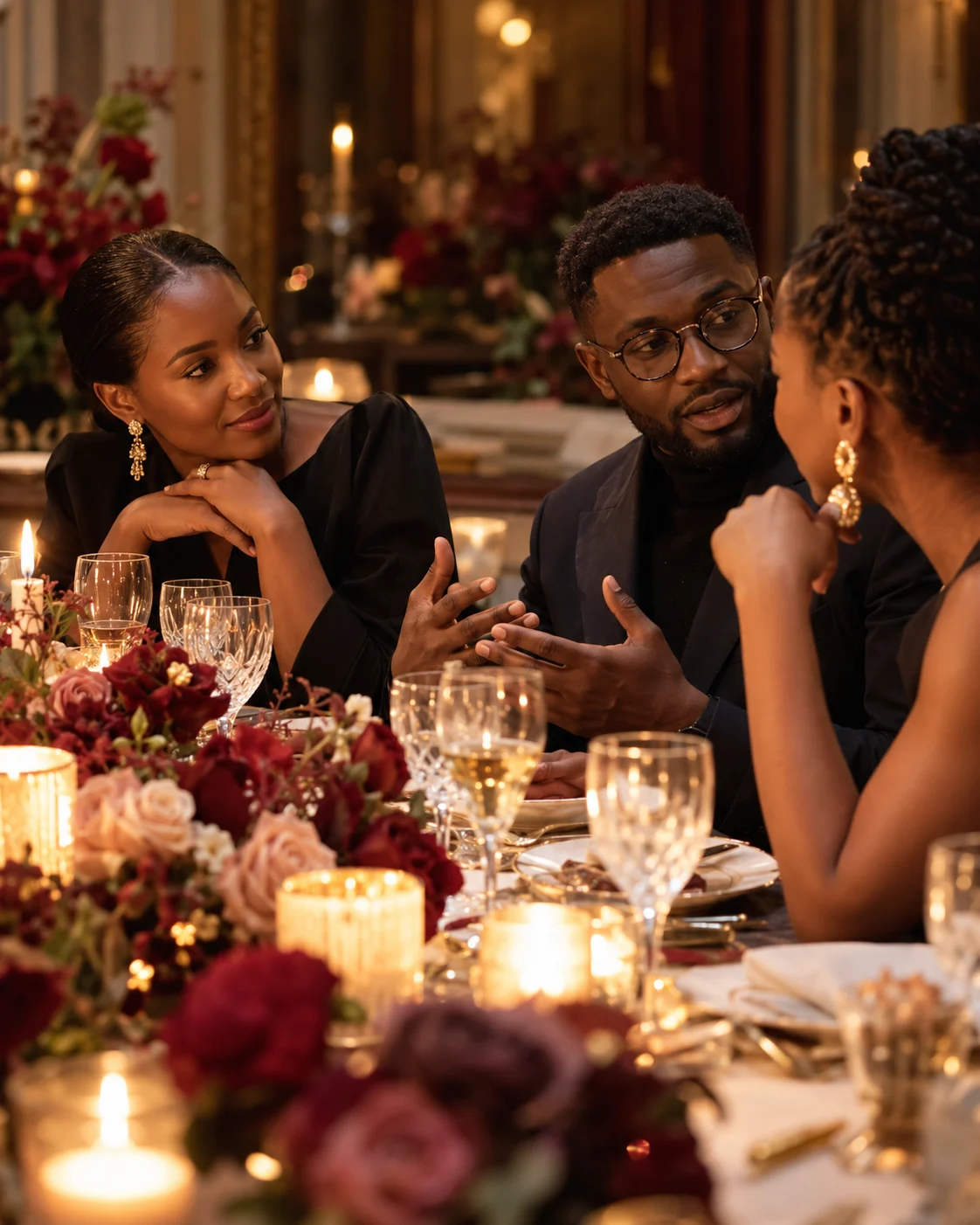 Conversation conviviale autour d’une table élégante, visuel d’ambiance